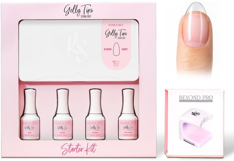 Gelly Tips Starter Kit Short (Almond Short With Lamp) - Easy To Apply False Press On