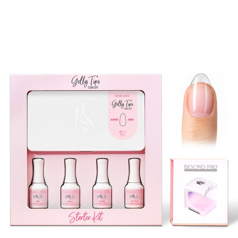 Kiara Sky Gelly Tips Starter Kit | Includes Prep, Primer, Builder, Top Coat, Tips | Almond Short