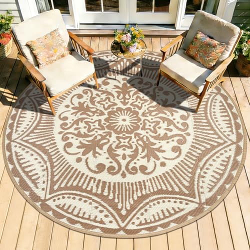 Capslpad Waterproof Outdoor Round Rug ø150cm Reversible Garden Rugs Round Boho Plastic Straw Circle Rug Portable RV Camping Carpet Indoor Outside Mat for Backyard Trailer Balcony Picnic Decor, Beige