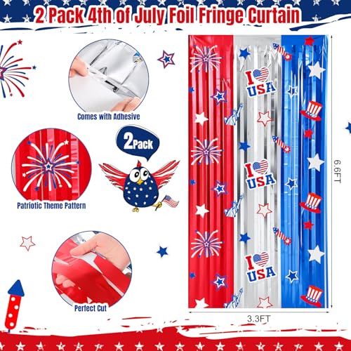Image of WovWeave Red White Blue Decorations 2 Pack 3.3 x 6.6 Ft Patriotic 4th of July Tinsel Foil Fringe Curtains Star Firework Streamer Backdrop Photo Prop for Patriotic Independence Memorial Labor Day