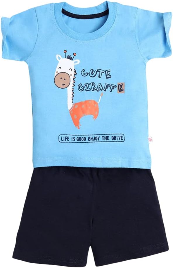 Baby Boys and Baby Girls Cotton Printed Tee with Short Set in Blue Color