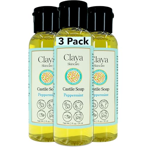 Image of Claya Peppermint Liquid Castile Soap - Organic Ingredients, Biodegradable, Gentle for Sensitive Skin, Versatile Use and Travel Size (3 Pack of 2 fl oz)