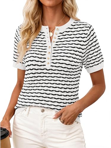 Image of PRETTYGARDEN Womens Knit Summer Tops Button Short Sleeve Sweater Casual Crewneck Chevron Henley Shirts Dressy Work Blouses