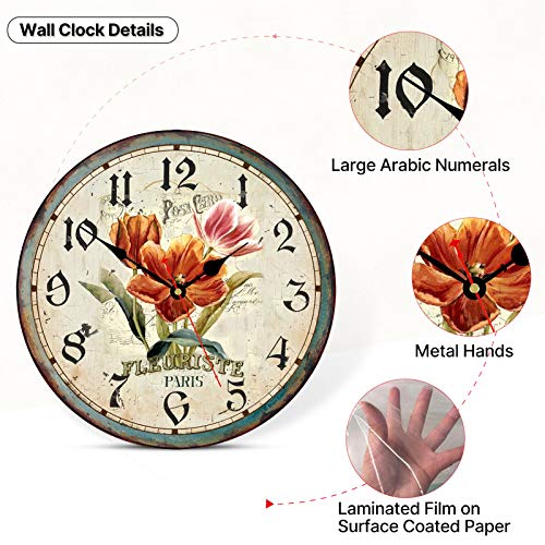 Toudorp Floral Wall Clock 14 Inch Silent Battery Operated Non Ticking Clocks Retro Round Arabic Numerals Quartz Hanging Clock Easy To Read Wooden Home Decor Wall Clock (Paris Flowers Pattern) #TOP3
