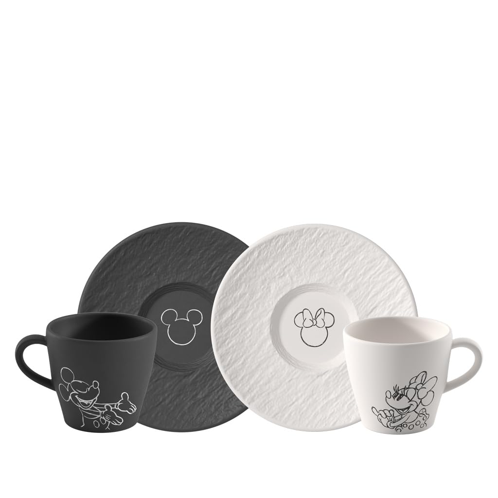 Villeroy & Boch Manufacture Rock – Mickey Mouse – Kaffeetasse mit Untertasse, 4-teilig, schwarz/weiß, spülmaschinenfest & mikrowellensicher, Schieferoptik mit Disney Mickey Mouse Dekor