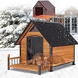 Insulated Dog House with Heating Pad, Weatherproof Outdoor Kennel for Large Dogs, Chew-Resistant Iron Frame & Asphalt Roof (Wood-H, XL)