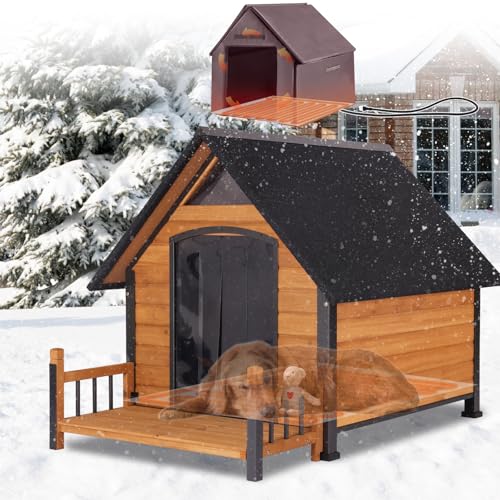 Insulated Dog House with Heating Pad, Weatherproof Outdoor Kennel for Large Dogs, Chew-Resistant Iron Frame & Asphalt Roof (Wood-H, XL)