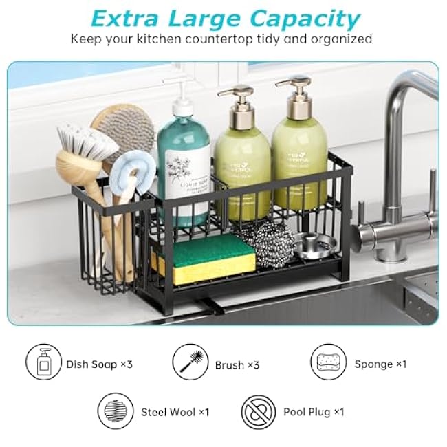 Sponge Holder for Kitchen Sink, 2 Tier Sink Caddy Organizer Countertop with Dish Brush Holder and 360¡ã Drain Tray, Rustproof Stainless Steel Dish Soap Storage Rack Set for Accessories
