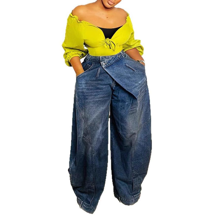 Women's Large Size Loose Denim Pants Vintage Casual Old Splicing Wide Leg Jeans