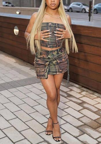 Womens Sets Jean Skirt 2 Piece Outfits Distressed Sexy Sleeveless Corsets Tops Denim Skirts Suits3