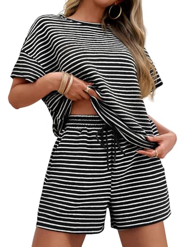 Image of Tankaneo Womens Pajama Sets Striped 2 Piece Lounge Sets Short Sleeve Oversized T Shirts Drawstring Shorts Matching Set