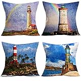MEHOTOP Lighthouse Throw Pillow Covers Scenery Sea Wave White Cloud Decor Cushion Cover Pillowcase Pillow Case Cushion Cover 18x18 Inch Set of 4
