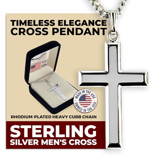 Heartland Store Sterling Silver Men's Cross Necklace - Made in USA, High Polish Pendant for Daily Wear and Meaningful Religious Present for Holidays and Special Occasions with Various Chain Sizes