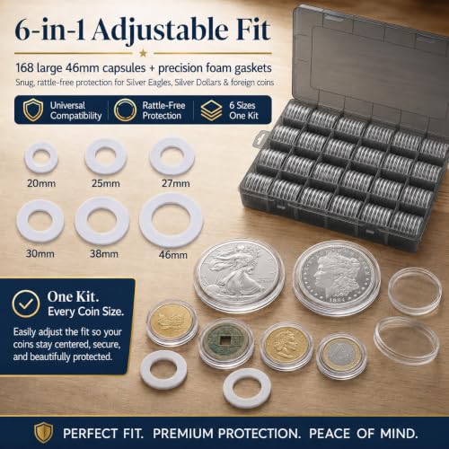 Image of FULLCASE Coin Capsules for Collectors, 168-Piece Storage Case,Fits 20-46mm