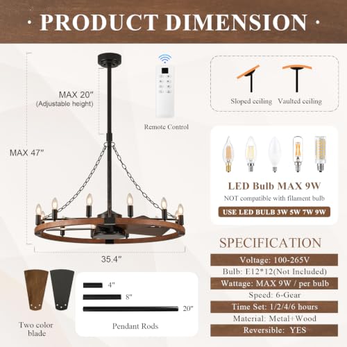 Image of Farmhouse Wooden Wagon Wheel Chandelier Fan 12-Light 36 inch Fandelier