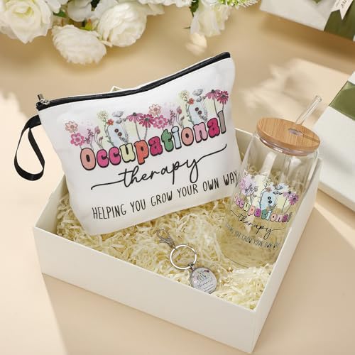 Kacctyen 3 Pcs Occupational Therapy Gift for Women Occupational Therapist Makeup Bag with Keychain 17 oz Inspirational Glass Cups with Lids and Straws Therapy Gifts for Therapists OT Women - Image 3