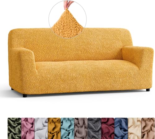 Image of Bellissima Sofa Covers - Premium Luxury Microfibra Plain Stretchable Sofa Cover Fully Covered Slipcover, Imported from Italy (OCHER, 3 Seater-US)