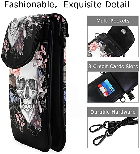 Flower Halloween Sugar Skull Cell Phone Purse Crossbody Bag Pouch Shoulder Bags Wallet for women Girls Travel, 7.6 x 4.9 inches(H x L)2