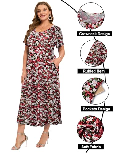 Image of LARACE Plus Size Dresses for Women Summer Casual Short Sleeve Long Dress Flowy Maxi Beach Dresses with Pockets L-6XL(A-Red51 5X)