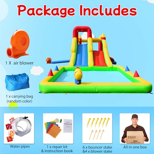 10-in-1 Inflatable Water Park - Giant Bounce House with 2 Water Slides, Big Splash Pool, Water Cannons, Climbing Wall, Tunnels & Obstacle Course for Endless Fun