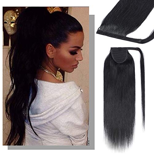 Black Ponytail Extension Remy Human Hair Clip in Ponytail Hair Extensions Wrap Around Pony Tails Hairpiece Comb Binding Long Straight One Piece Hair for Women 14 inch Dark Black #1