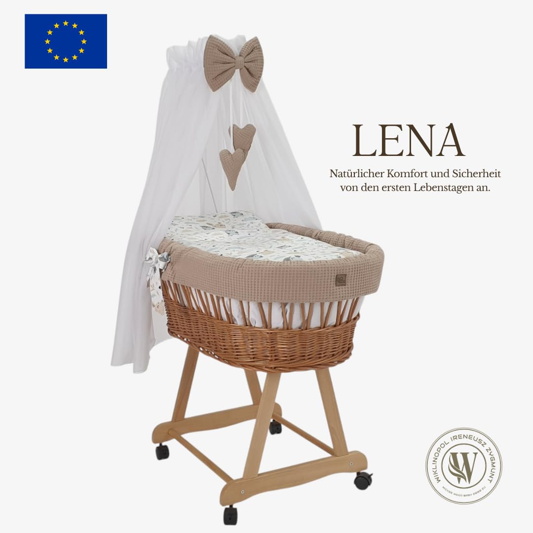 kosz Mojżesza z baldachimem Lena – wózek wiklinowy z wikliny ze stelażem – kosz dla niemowląt w kolorze naturalnym, kompletny zestaw z 5-częściową pościelą waflową w kształcie królika