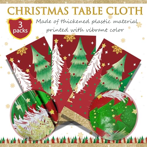 OQOQ Disposable Christmas Tablecloth (Red, 3 Packs), 108"x54" Red Christmas Party Decorations Table Cloth Plastic Table Cover for Buffet Picnic Dinner Centerpieces Decor – Image 4