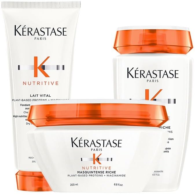 New Kerastase PACK Nutritive Bain Satin Riche High Nutrition Rich Shampoo 250ml, Lait Vital 200ml and Masquintense 200ml