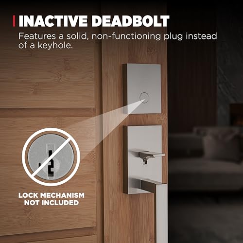 Image of Kwikset San Clemente Non-Functioning Front Door Lock Handle, Inactive Deadbolt and Interior Door Handle, Dummy Handleset Exterior with Interior Reversible Lever, Satin Nickel with Microban Protection