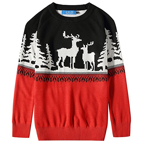 SSLR Big Boys' Crewneck Reindeer Pullover Ugly Christmas Sweater (Large (14-16), Red)