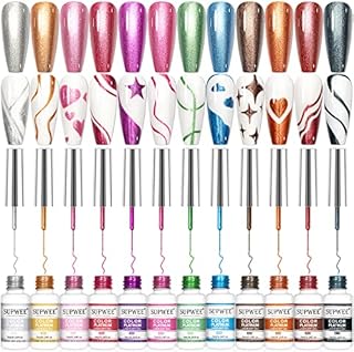 Supwee Metallic Gel Liner Nail Art Set - 12 Colors Metal Gel Nail Polish Silver Gold Iridescent Painting Nail Art Nail Wire Pulling Gel Manicure Soak Off Curing Require for DIY at Home Nail Salon Kit