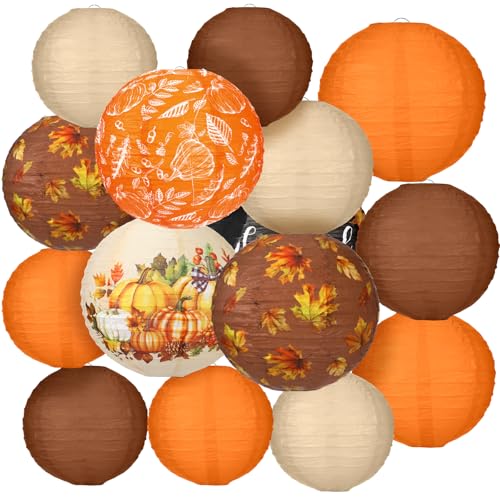 16 Pcs Thanksgiving Paper Lanterns Fall Orange Pumpkin Party Paper Lanterns Round Thankful Maple Leaves Hanging Party Decorations for Autumn Harvest Party Outdoor Decor