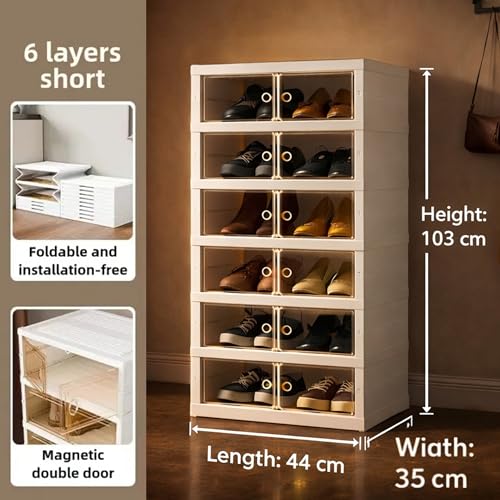 Image of Zemic Multipurpose Modular Plastic Shoe Rack for Home with Door | 𝟔 𝐒𝐡𝐞𝐥𝐟 Stackable Organizer | Waterproof & Dustproof | Space Saving Storage for Home, Bedroom & Entryway【Cream, 6-Door-6-Shelf】