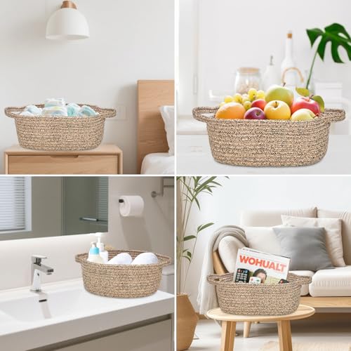 Image of ABenkle Small Basket with Handles, Boho Decorative Rope Woven Dog Cat Toy Storage Bin Shelf Storage Organizer, Easter Christmas Gift Basket, 12 inchx8 inchx5 inch