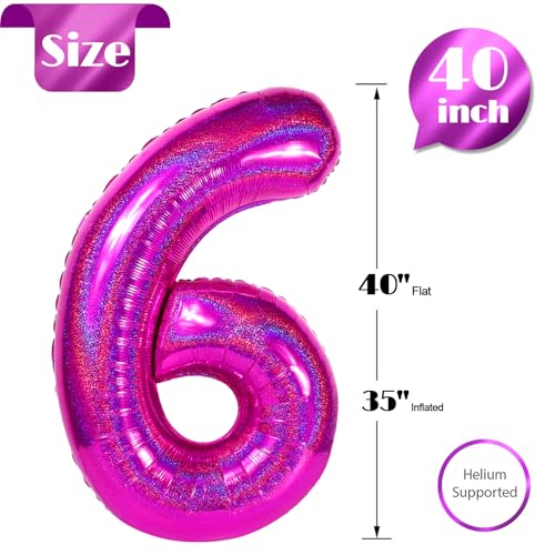 Image of Laser Hot Pink 6 Balloon, Number Balloons 40 Inch, 6th Balloons for Birthday Decorations, Laser Hot Pink Party Supplies 6 Birthday Balloon, Number 6 Balloon