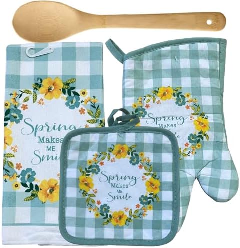 5 Pieces Home Spring Makes Me Smile Kitchen Set - 2 Pot Holders - 1 Oven Mitt - 1 Kitchen Towel - 1 Bamboo Spoon - Party Gift Supply Cooking Baking Set