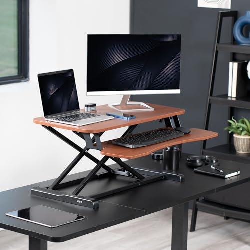 Image of VIVO 32 inch Desk Converter, K Series, Height Adjustable Sit to Stand Riser, Dual Monitor and Laptop Workstation with Wide Keyboard Tray, Dark Walnut Top, Black Frame, DESK-V000KA | Height Adjustable, Stand Up Desk Riser, Wide Keyboard Tray, Dual Monitor and Laptop Workstation, Black Frame, K Series