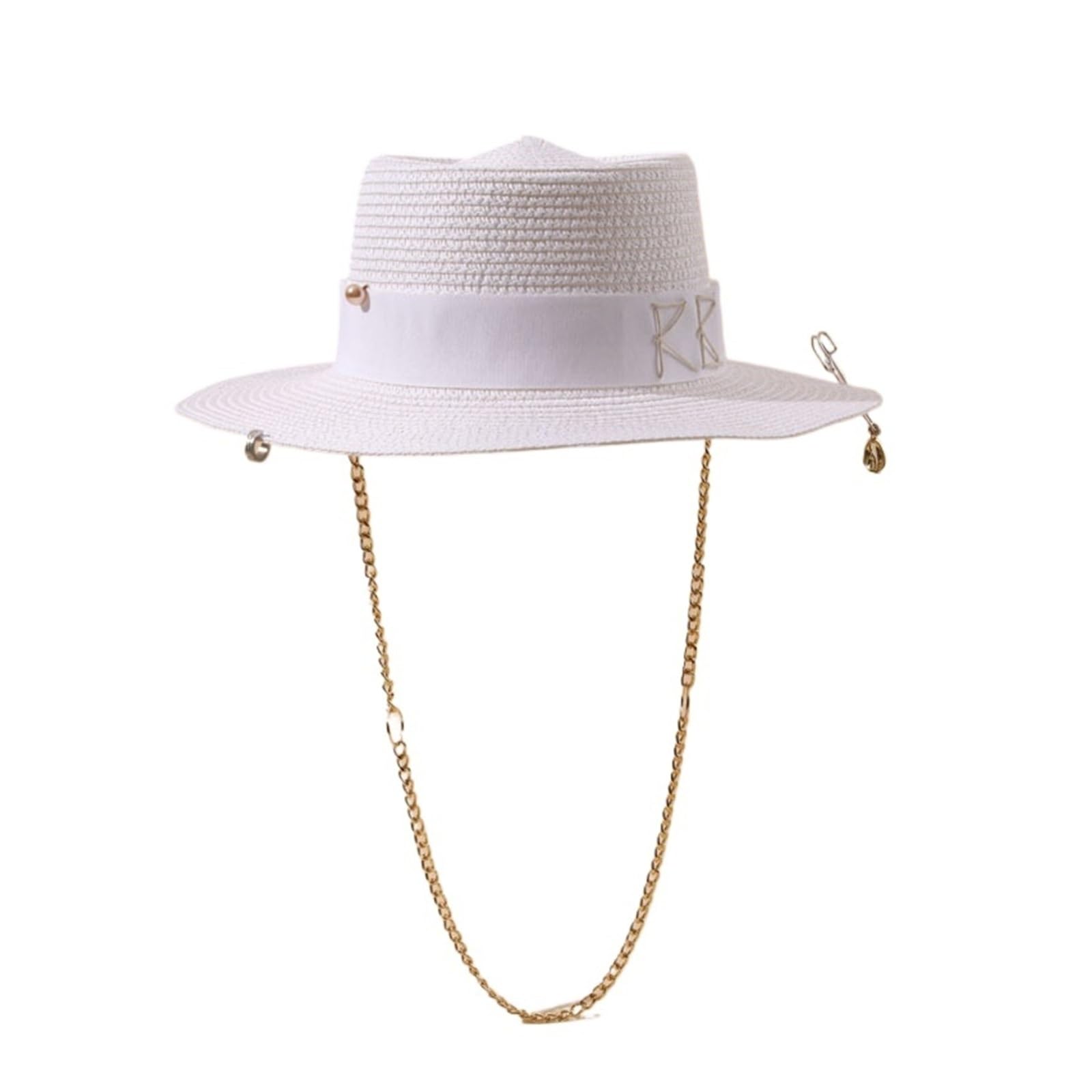 Generico Cappello di Paglia con monogramma RB, Parte Superiore concava e Spilla a Catena, Cappello da Sole Estivo per Spiaggia e Ombra all'aperto