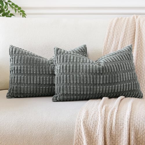 JOTOM Set of 2 Corduroy Soft Striped Cushion Covers 30x50 cm Boho Decorative Throw Pillow Covers Lumbar Cushion Case Couch Home Decor Pillowcases for Sofa Bedroom 12x20 Inch (Smoky Grey)