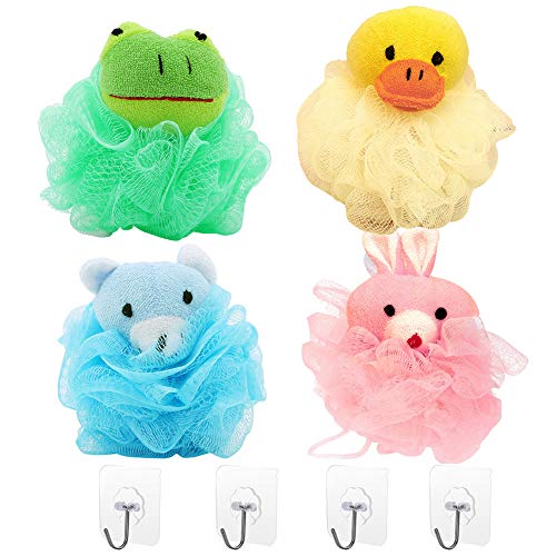 Gukasxi 4 Stück Tier Duschschwamm für Körperpeeling, Karikatur Waschschwamm Körper Badeschwamm Peeling schwamm Luffa schwamm für Kinder Frauen, Bathsponge mit 4 Nahtlose Haken