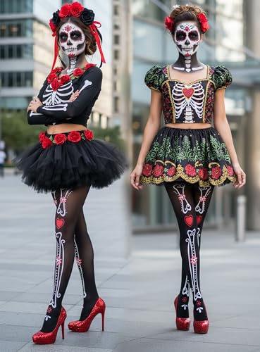 Image of ToBeInStyle Women's Sugar Skull Dia de los Muertos La Catrina Skeleton Bones Tights & Thigh High Stockings