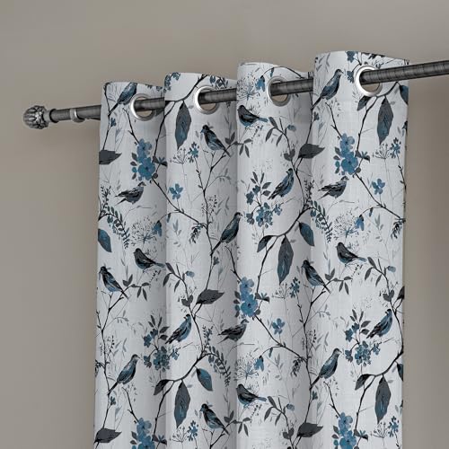 Image of LINENWALAS Decorative Printed Cotton Semi Sheer Curtains 9 Feet Long Set of 2 Panel, Eyelet Ring Hanging, Turquoise Bird Printed Door Curtains (L-9 x W-4.5 Feet, Turquoise Bird)