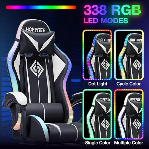 Image of HOFFREE Gaming Chair Massage with LED RGB Lights and Footrest Ergonomic Computer Chair High Back Video Game Chair with Adjustable Lumbar Support Linkage Armrest White and Black