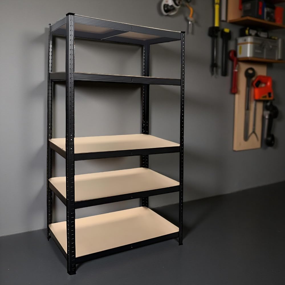 Scaffale in Metallo Nero - 5 Ripiani, Legno MDF, Altezza Regolabile, Salvaspazio, Ufficio, Garage, Magazzino, Negozio, ad Incastro, Orizzonale/Verticale, 90 x 40 x 180h cm - Portante 875 kg