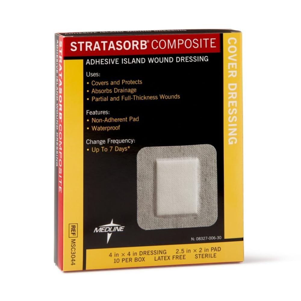 Medline Stratasorb Waterproof Adhesive Island Wound Dressings, 4 x 4 Inches, Box of 10