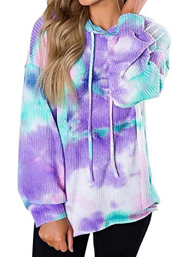 Womens Tie Dye Waffle Knit Long Sleeve Shirts Hooded Puff Loose Tops Sweatshirts Drawstring Purple Green