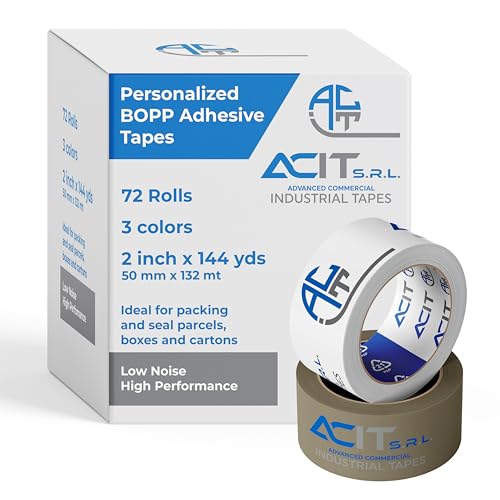ACIT Cinta adhesiva personalizada, cinta de embalaje para paquetes y cajas de mudanzas, cinta adhesiva personalizada con logotipo, 72 rollos, 3 colores, 66 132 m (132 mt)