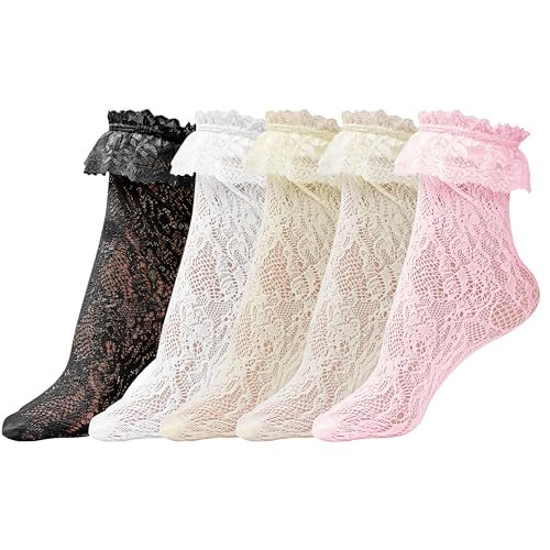 5 Pairs Lace Socks for Women, Ruffle Ankle Anklet Frilled Cute Trim Frilly Girly Lacy Hose Stockings Set Accessories for Adult Dress Princess Fashion Style (Rose Pink, Light Yellow, White, Black,Grey)3
