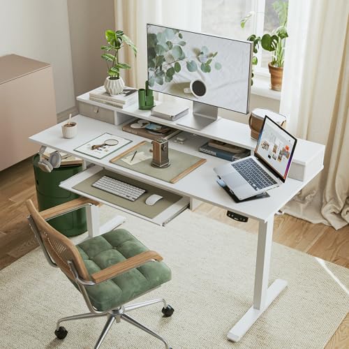 Image of Agilestic Electric Standing Desk with 2 Drawers and Keyboard Tray, 48 x 23 Inches Ergonomic Adjustable Height Desk with Storage, Sit Stand Computer Workstation, White