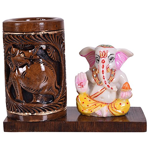 Image of Craft Trade 14x11 Cm Round Carved Wooden Pencil Holder with Ceramic Ganesha Statue - White Brown